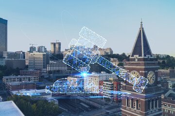 Seattle aerial skyline panorama of downtown at day time, Washington USA. Glowing hologram legal icons. The concept of law, order, regulations and digital justice