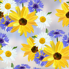 Flowers of sunflower,  chamomile, blue cornflower on a heavenly gray-blue abstract background in a random arrangement square format, floral seamless pattern, vector, EPS 10.