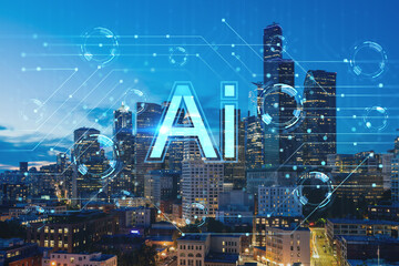 Illuminated aerial cityscape of Seattle, downtown at night time, Washington, USA. Artificial Intelligence concept, hologram. AI, machine learning, neural network, robotics