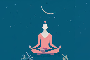 Hand-drawn digital illustration of woman doing yoga meditation, a calm healing atmosphere, can be...