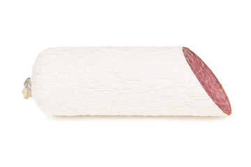 Salami sausage on a white background. Studio photo.