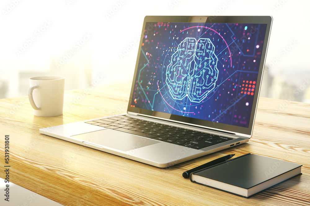 Poster creative artificial intelligence concept with human brain hologram on modern laptop screen. 3d rende