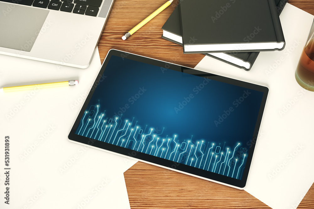 Poster creative abstract micro circuit sketch on modern digital tablet screen, future technology and ai con