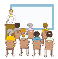 講演会をする精神科の医師と参加者の後ろ姿のイラスト