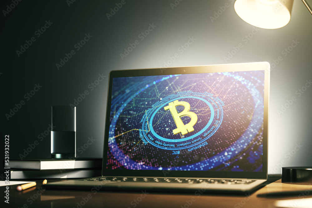 Poster creative bitcoin concept on modern computer monitor. 3d rendering