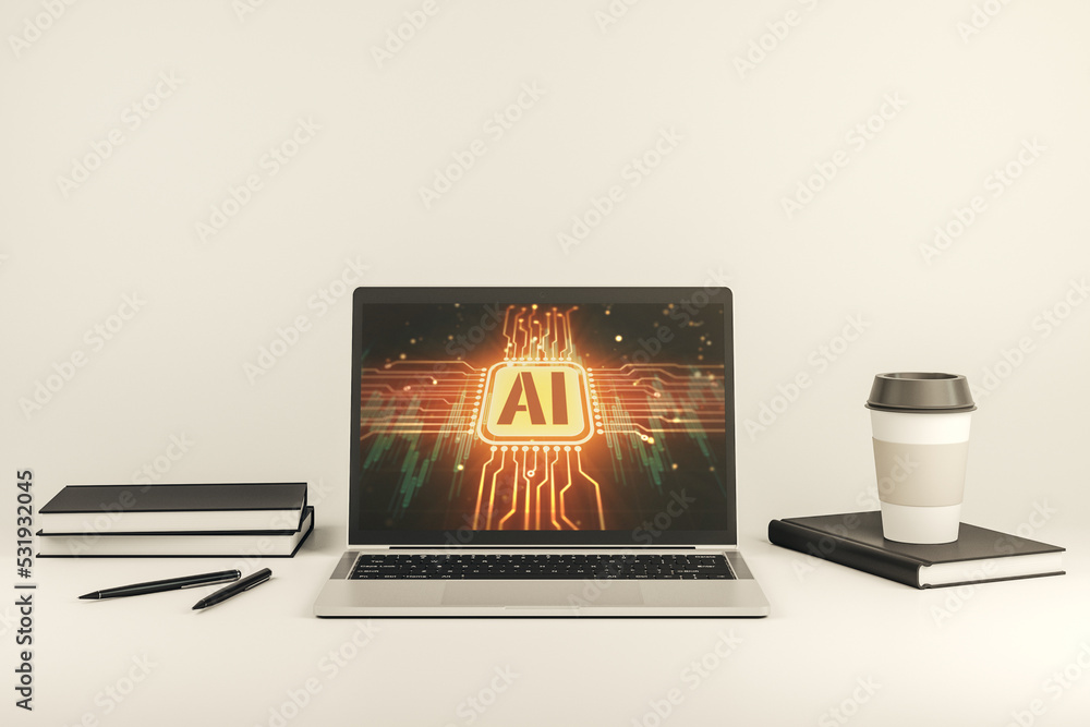 Aufkleber creative artificial intelligence symbol concept on modern laptop screen. 3d rendering