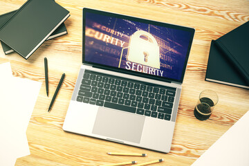 Modern computer monitor with creative lock hologram and chip. Information security concept. 3D Rendering