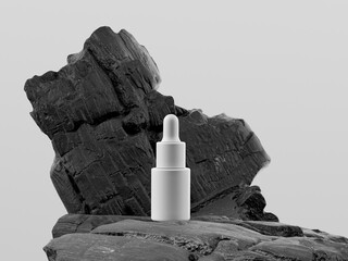 Cosmetic bottle mock up. Minimal box on rock.