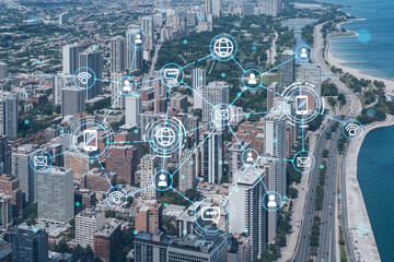 Aerial panorama city of Chicago downtown area and Lake, day time, Illinois, USA. Birds eye view, skyscrapers. Social media hologram. Concept of networking and establishing new people connections