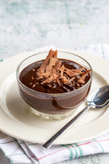 Chocolate supangle. Pudding dessert on gray background. close up