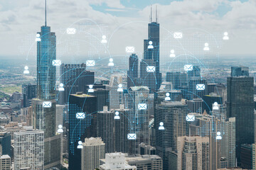 Aerial panoramic city view of Chicago downtown area, day time, Illinois, USA. Birds eye view, skyscrapers, skyline. Social media hologram. Concept of networking and establishing new people connections