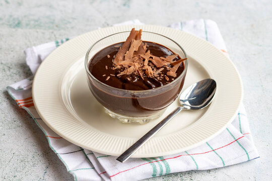 Chocolate supangle. Pudding dessert on gray background. close up