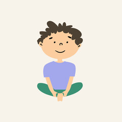 A boy sitting in the lotus pose. Child character isolated on white background. Hand-drawn illustration