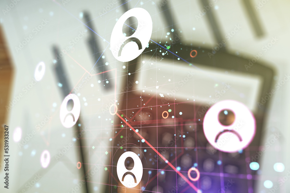 Poster Double exposure of social network icons hologram on calculator and papers background. Networking concept
