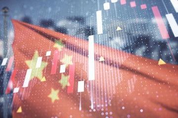 Double exposure of abstract creative financial diagram and world map on Chinese flag and city background, banking and accounting concept