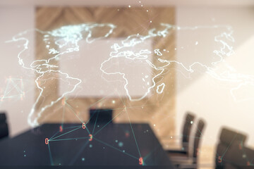 Multi exposure of abstract creative digital world map hologram on a modern conference room...