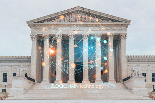 Front View Of The Iconic Building Of United States Supreme Court At Day Time, Washington DC, USA. Judicial Branch. Decentralized Economy. Blockchain, Cryptography And Cryptocurrency Concept, Hologram