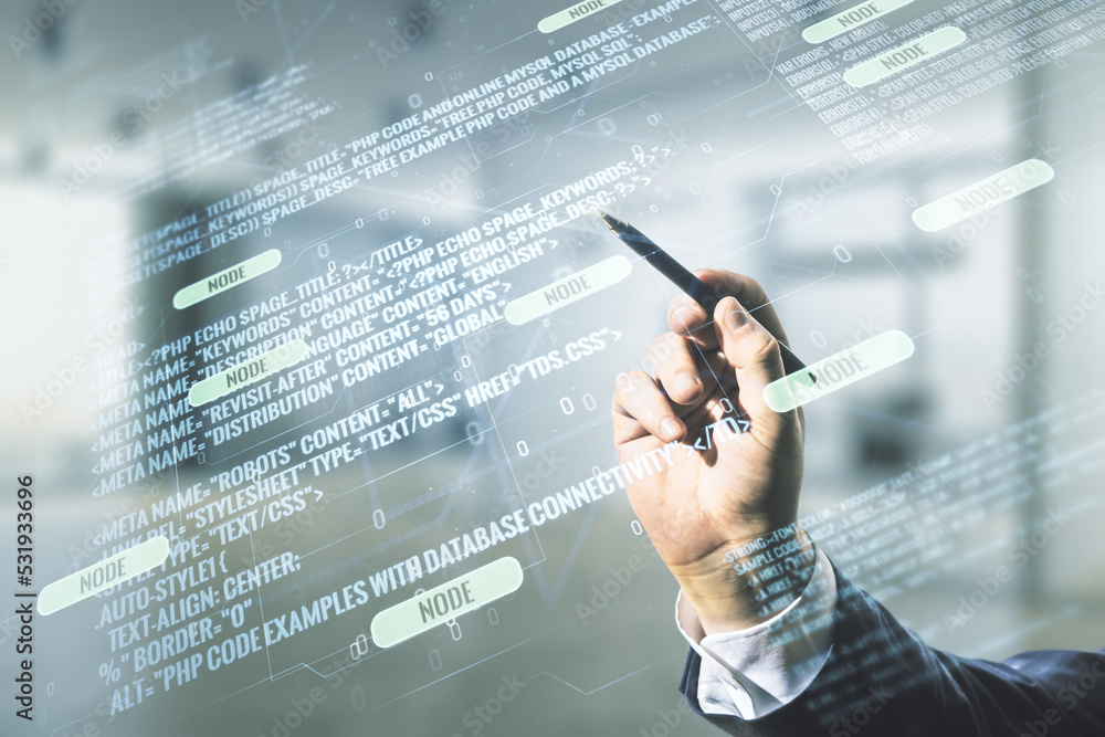 Aufkleber Multi exposure of man hand with pen working with abstract software development hologram on blurred office background, research and analytics concept