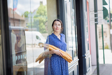 Young pretty woman buying a french baguette and standing on the street in city