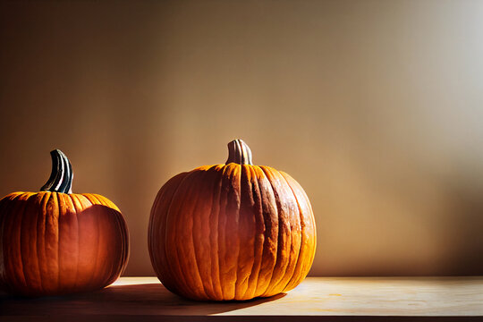 Two pumpkins on the table with natural lights on the pastel wall background. 3D rendering