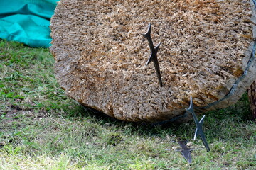 A close up on a target made out of dry hay with one throwing knife stuck inside of it and two other...