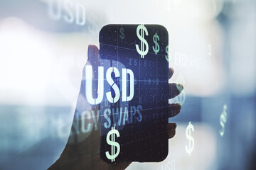Creative concept of USD symbols illustration and hand with phone on background. Trading and...