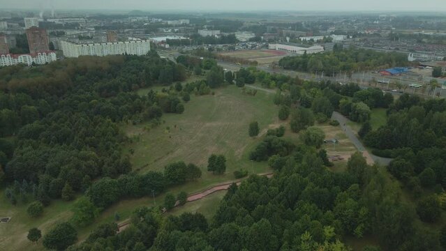 Park area. Dormitory area of a big city. Urban landscape. Aerial photography.