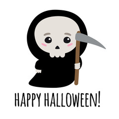 Vector flat hand drawn cute death and happy Halloween lettering isolated on white background