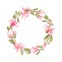 Watercolor Magnolia wreath with plants and leaves. Greeting card with flowers and greenery.