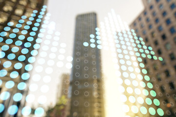 Virtual upward arrows hologram on modern architecture background, leadership and motivation concept. Multiexposure