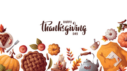 Thanksgiving day card with pumpkins, apple pie, sweater and autumn leaves. Autumn, harvest, holiday, fall concept. Vector illustration. © TatyanaYagudina