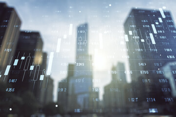 Multi exposure of abstract statistics data hologram interface on blurry cityscape background, computing and analytics concept