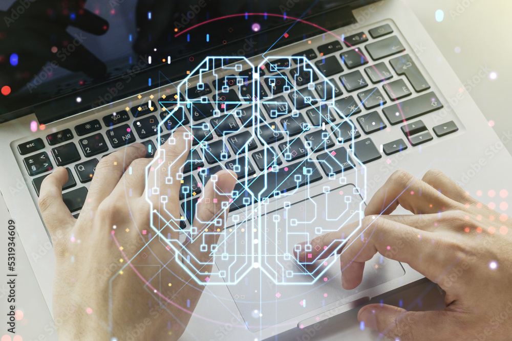 Poster creative artificial intelligence concept with human brain sketch and hands typing on computer keyboa
