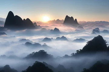 Papier Peint photo Monts Huang Paysage de montagne Huangshan au lever du soleil
