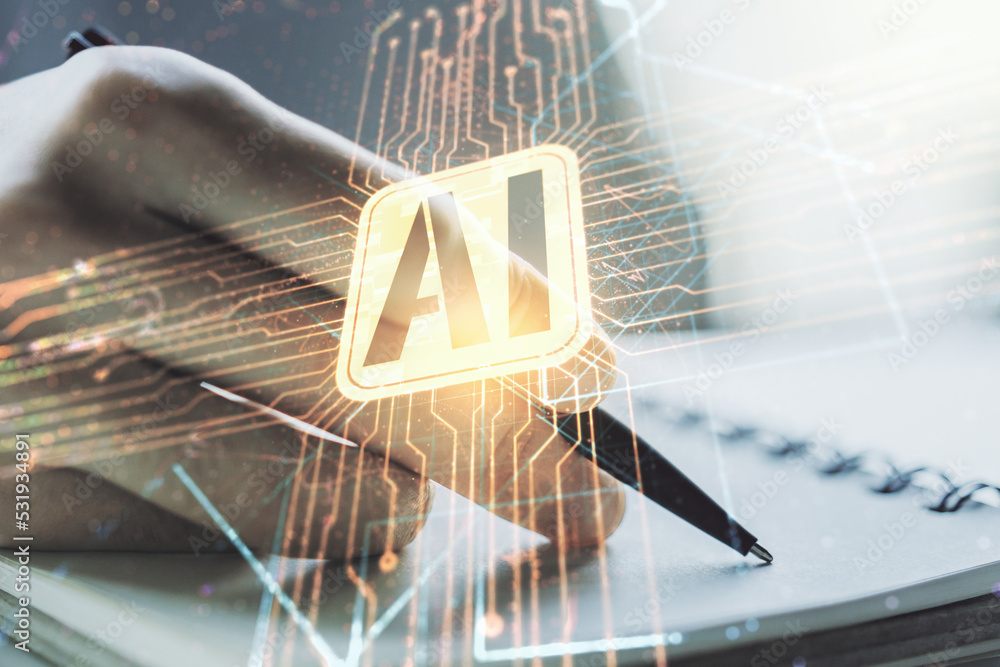 Poster double exposure of creative artificial intelligence icon with man hand writing in notebook on backgr