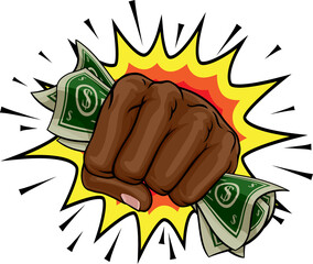 A hand in a fist squeezing cash money dollar bills. In a comic book pop art cartoon illustration style. With an explosion in the background