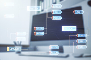 Naklejka premium Abstract creative coding illustration and modern desktop with pc on background, software development concept. Multiexposure
