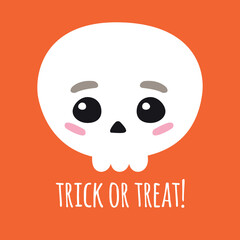 Vector flat hand drawn Halloween cute skull and trick or treat lettering isolated on orange background