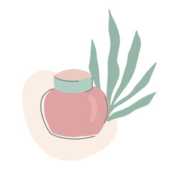 Cosmetic jar with abstract floral background. Skincare product packaging template. Hand drawn vector illustration in simple cartoon style