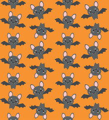Fototapeta premium Vector seamless pattern of flat hand drawn cute bat isolated on orange background