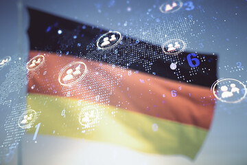 Virtual social network media hologram and world map on German flag and sunset sky background. Double exposure