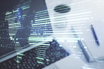 Double exposure of abstract digital world map on computer background, big data and blockchain concept