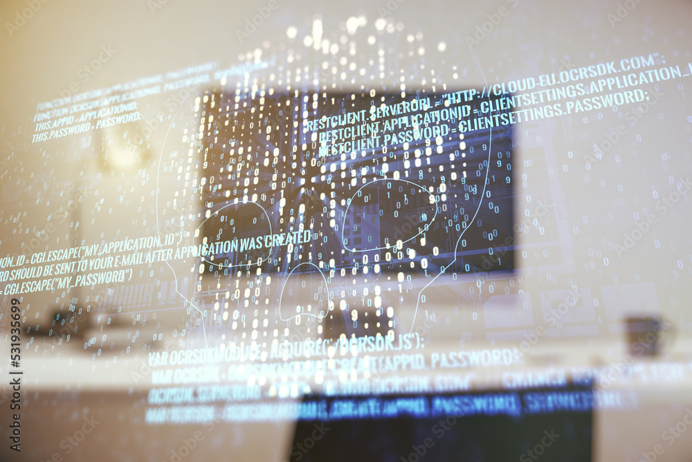 Poster double exposure of creative code skull hologram on laptop background. malware and cyber crime concep