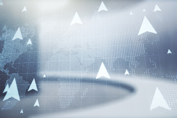 Double exposure of abstract virtual world map with pins hologram on empty modern office background....