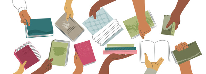 Book exchange landing page template or bookcrossing vector illustration banner. Education and knowledge concept, diverse hands holding books. Swap literature event, library day, culture festival
