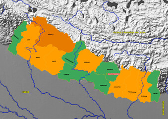 Obraz premium Administrative and political colored vector Map of Nepal with colourful regions and Capital and neighboring Countries