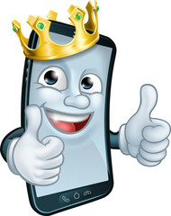 A mobile phone cartoon character mascot wearing a gold king crown and giving a double thumbs up.