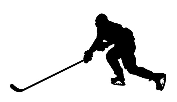 black silhouette of a hockey player on a white background.