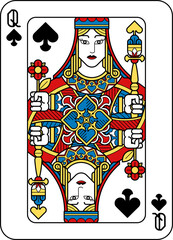 Playing Card Queen of Spades Yellow Red Blue Black