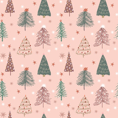 New Year and Christmas vector pattern, lots of illustrations of hand-drawn Christmas trees with stars